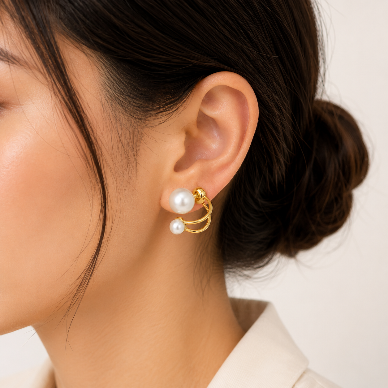 Elegant Double Pearl Gold Stud Earrings