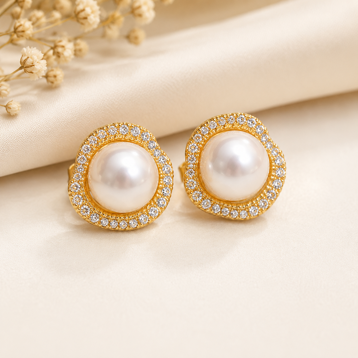 Elegant Pearl Halo Gold-Plated Stud Earrings for Women