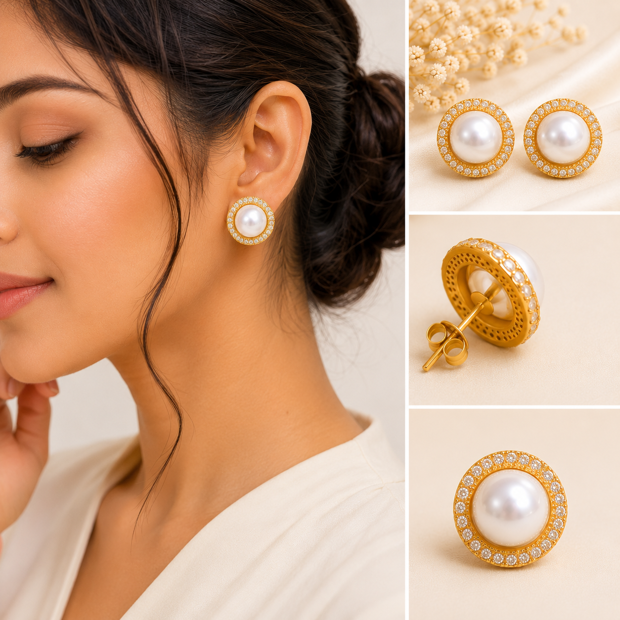 Elegant Pearl Halo Gold-Plated Stud Earrings for Women