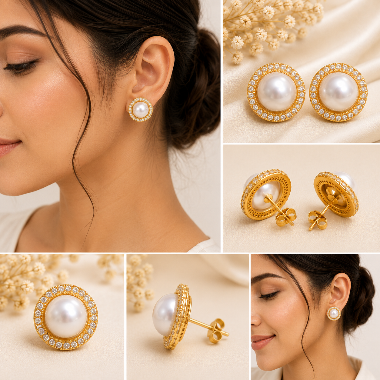 Elegant Pearl Halo Gold-Plated Stud Earrings for Women