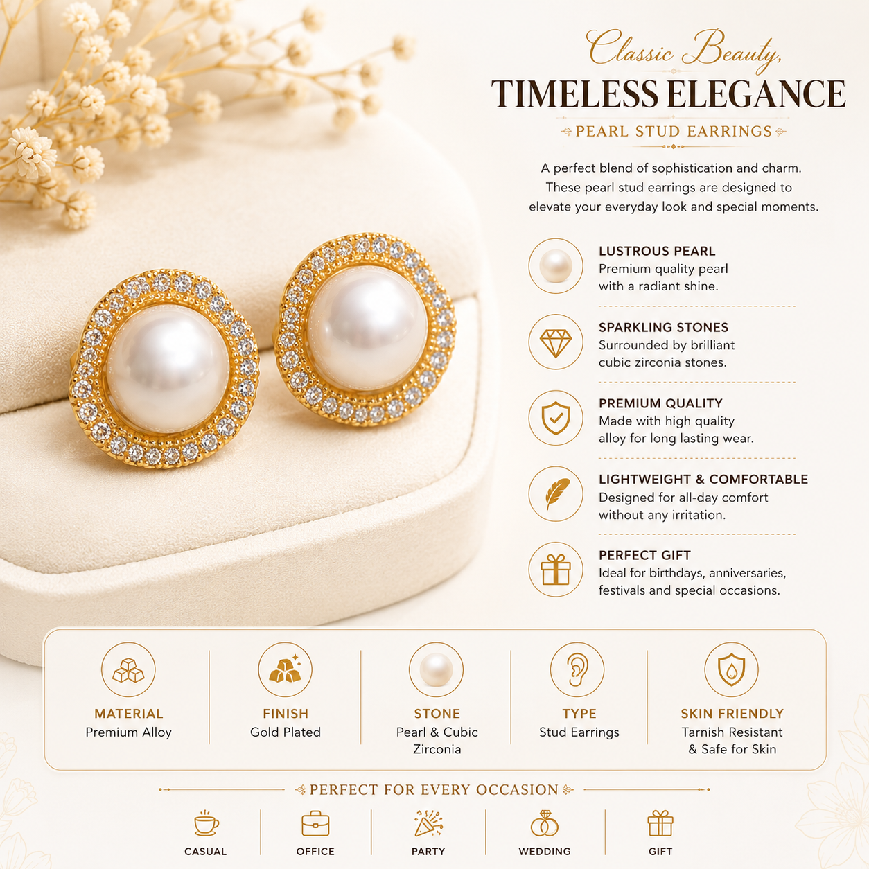 Elegant Pearl Halo Gold-Plated Stud Earrings for Women
