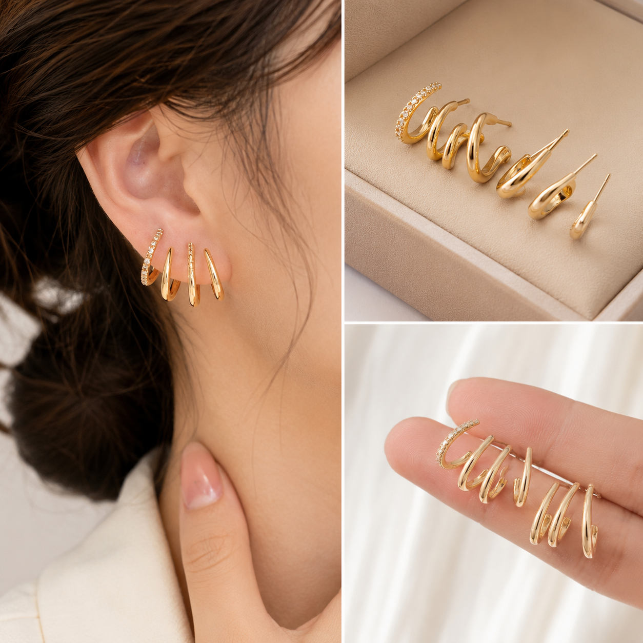 Elegant Multi Hoop Gold-Plated Cuff Stud Earrings for Women