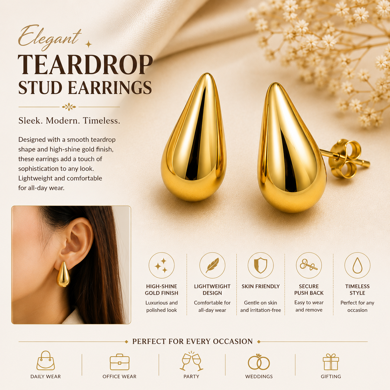 Elegant Gold Teardrop Stud Earrings for Women