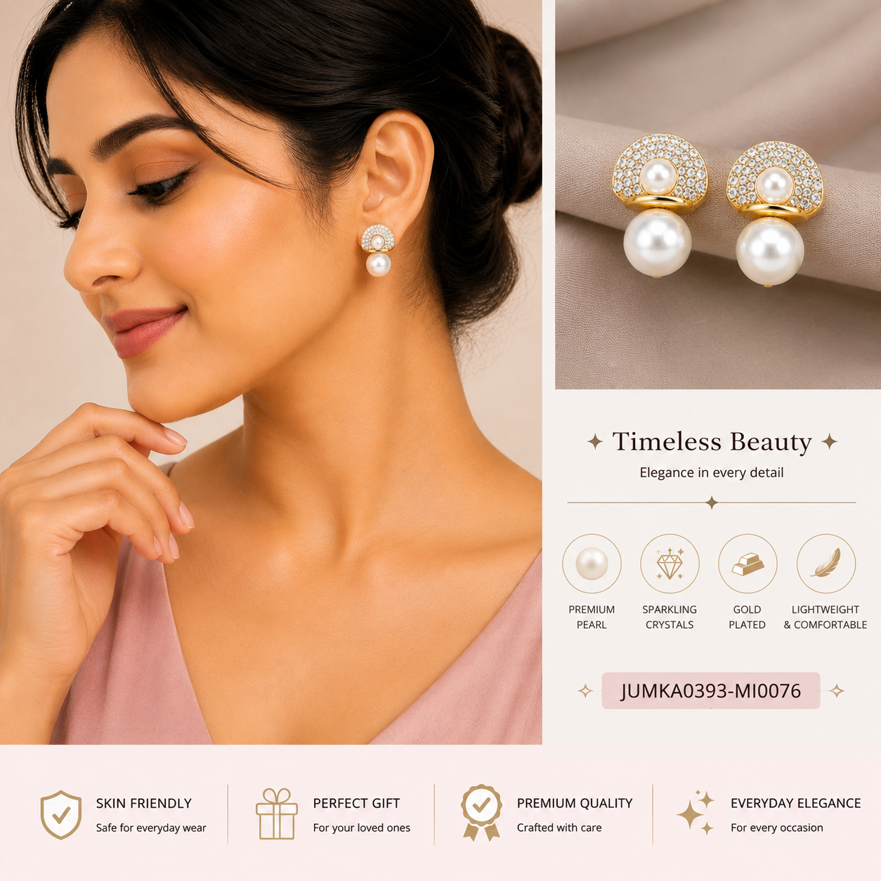 Elegant Double Pearl Halo Gold-Plated Stud Earrings for Women