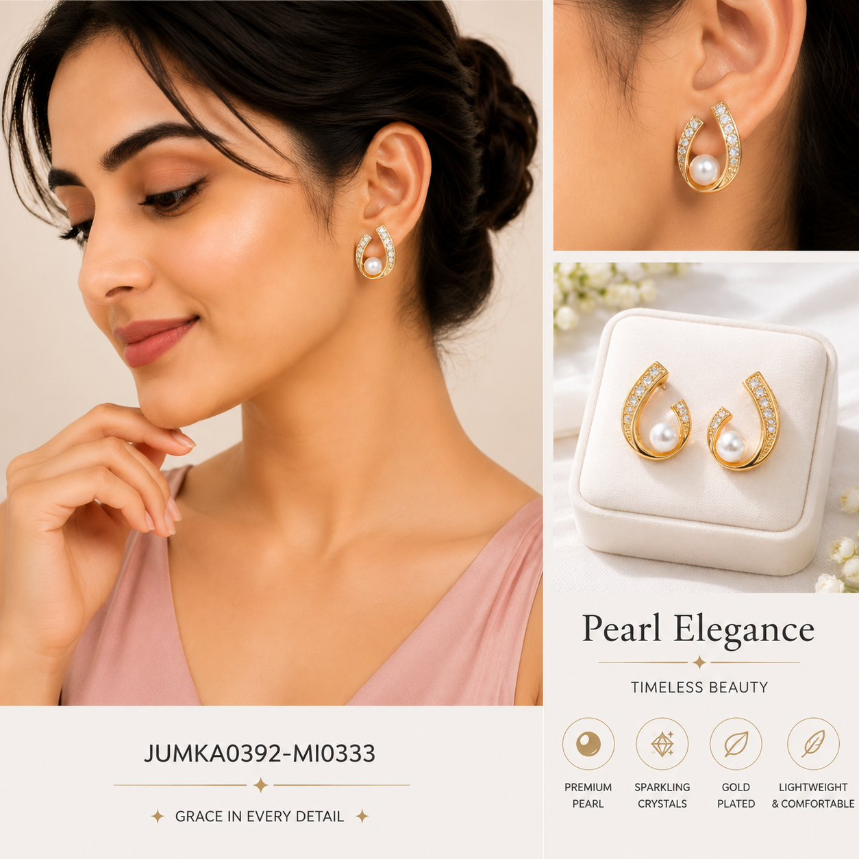 Elegant Double Pearl Halo Gold-Plated Stud Earrings for Women