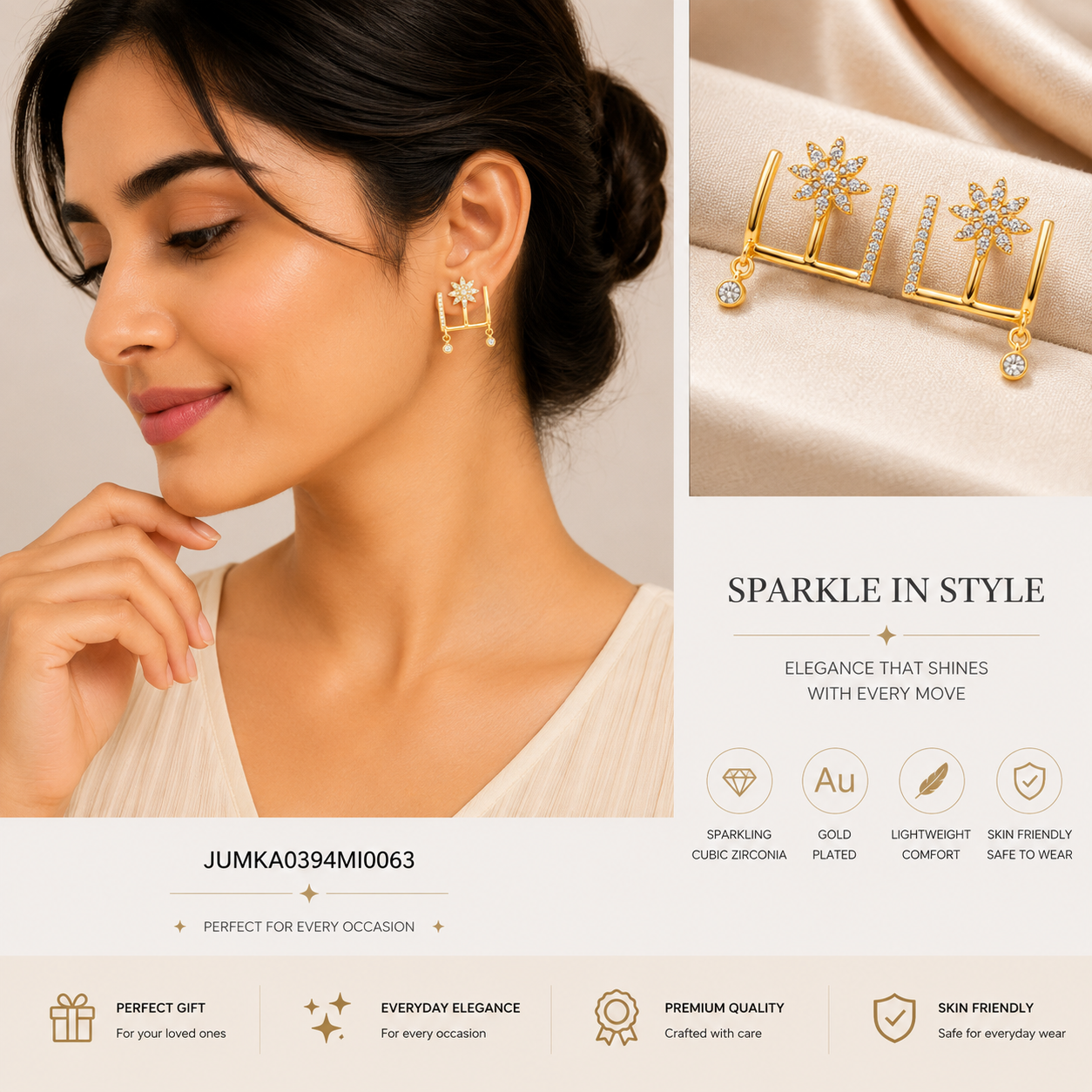 Elegant Floral CZ Bar Gold-Plated Stud Earrings for Women