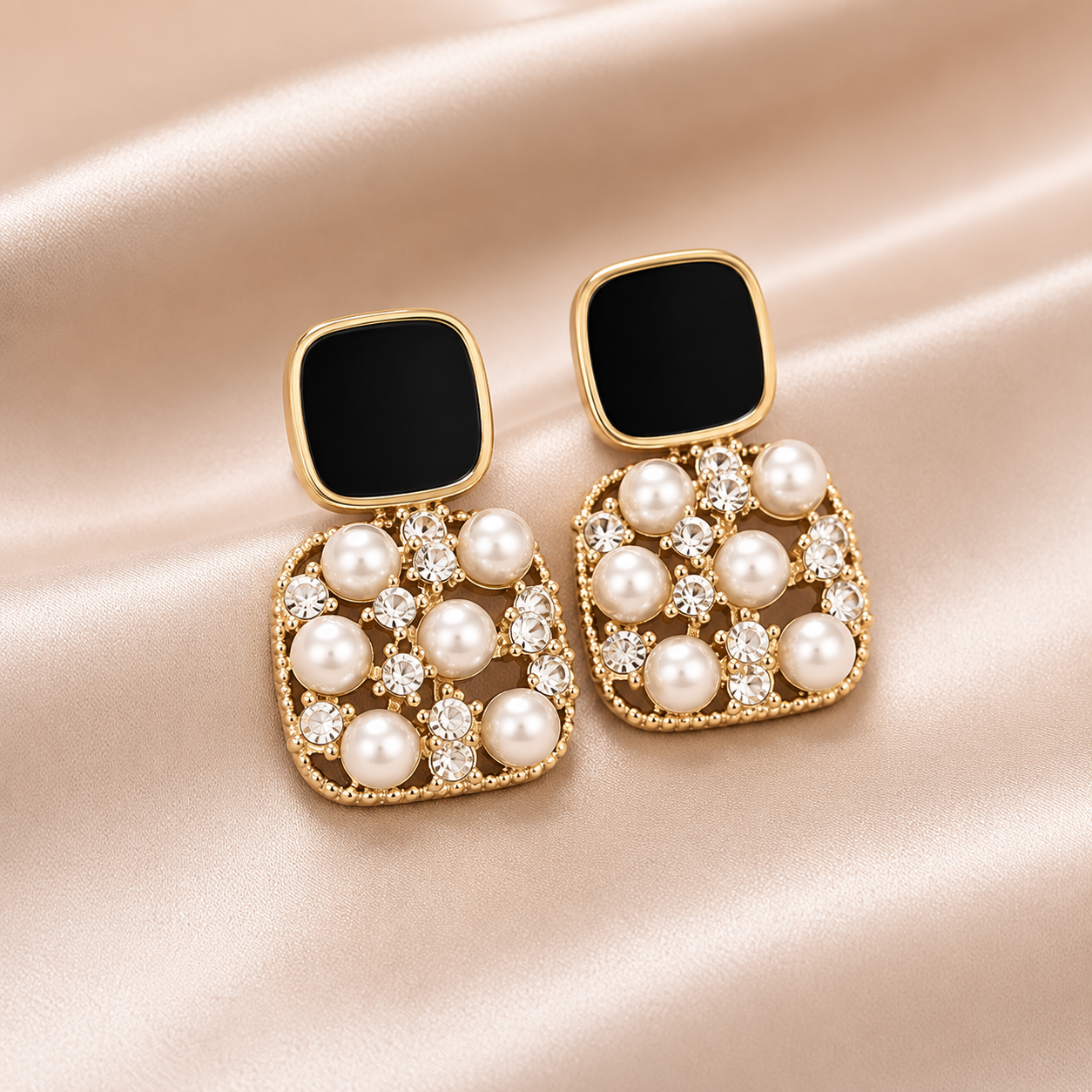 Elegant Black Enamel Pearl Gold-Plated Stud Earrings for Women