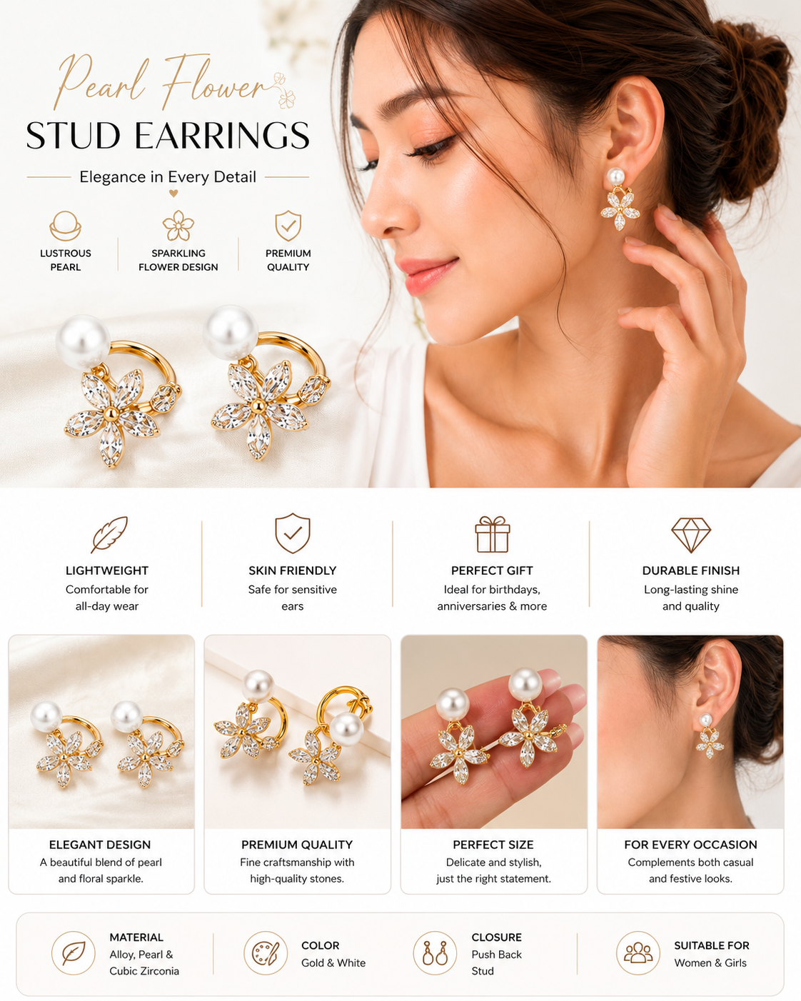Elegant Daisy Pearl Gold-Plated Ear Cuff Stud Earrings for Women