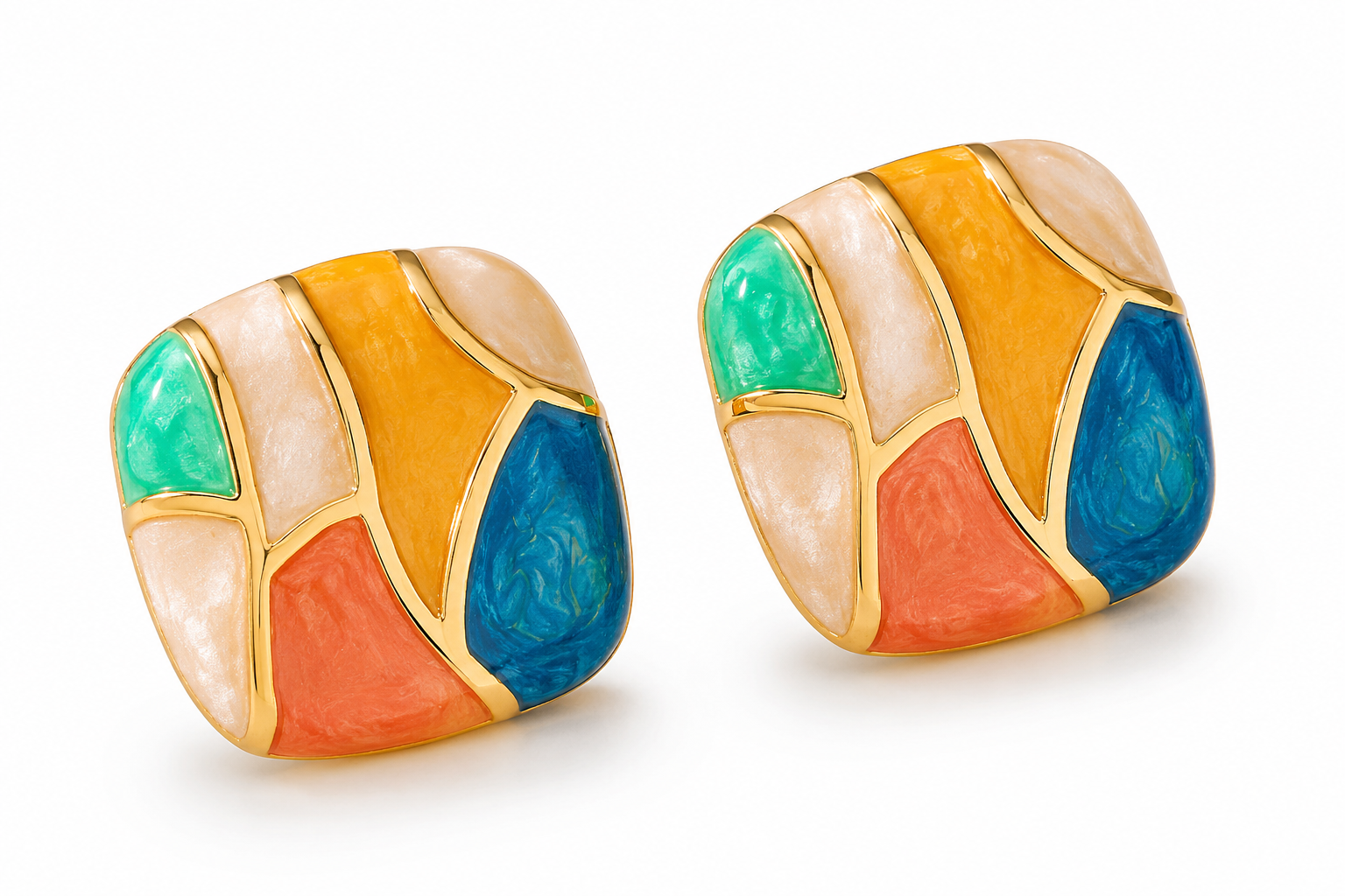 Multicolor Geometric Enamel Gold-Plated Stud Earrings for Women