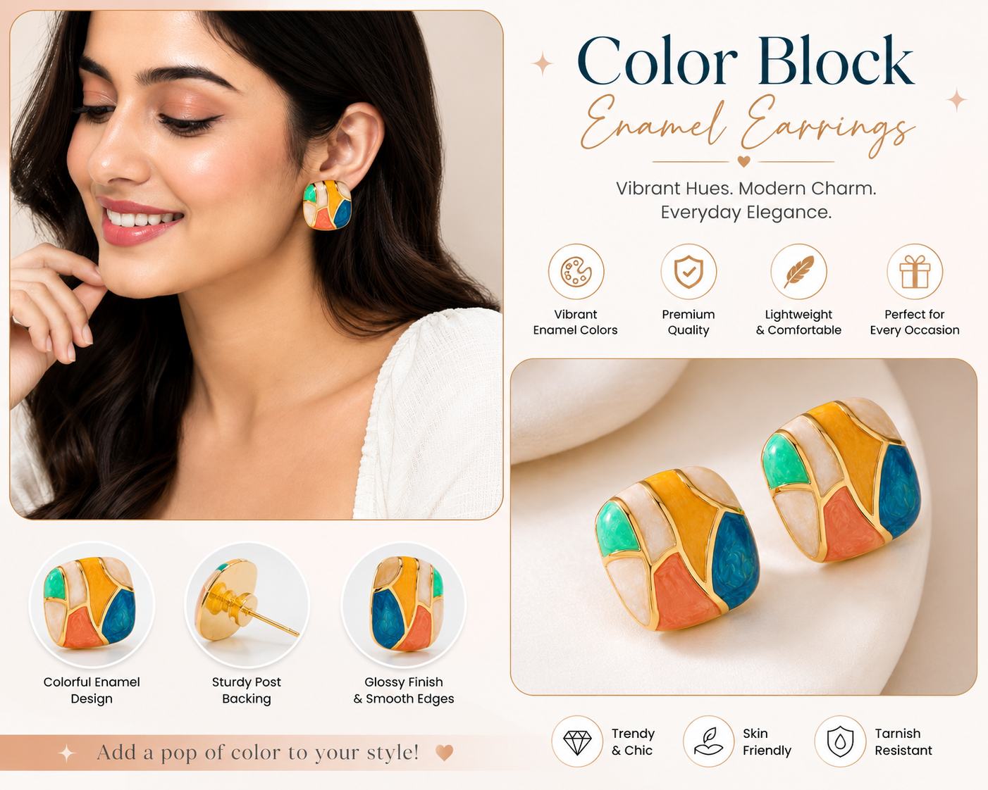 Multicolor Geometric Enamel Gold-Plated Stud Earrings for Women