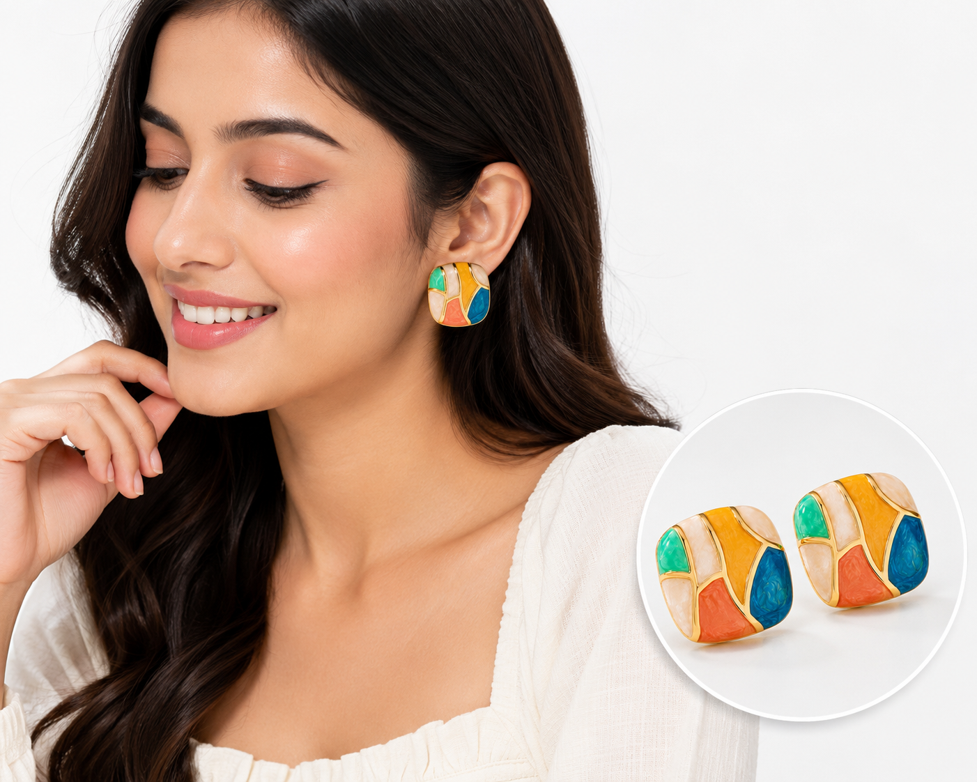Multicolor Geometric Enamel Gold-Plated Stud Earrings for Women