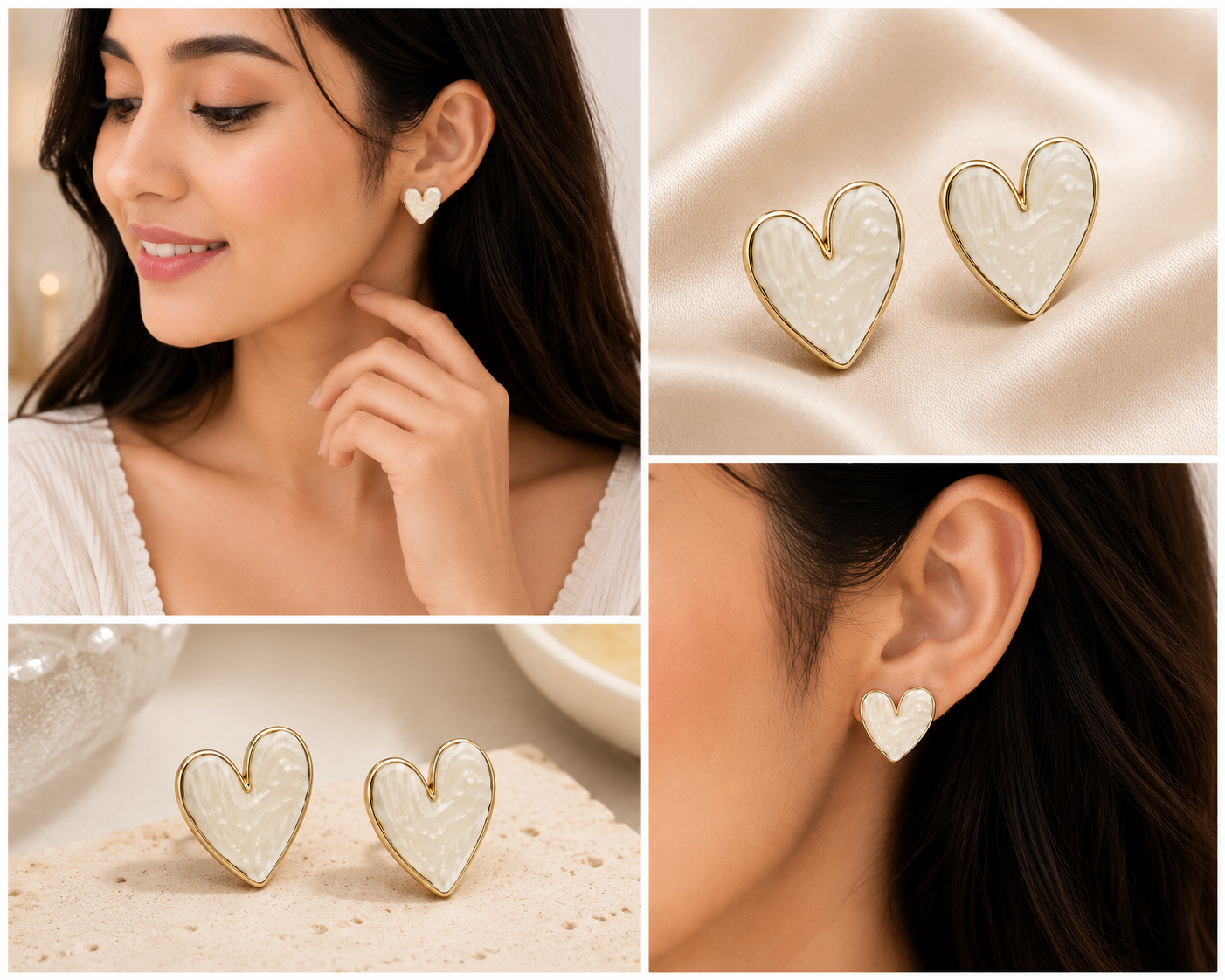 Elegant Double Heart Mother-of-Pearl Gold-Plated Stud Earrings for Women