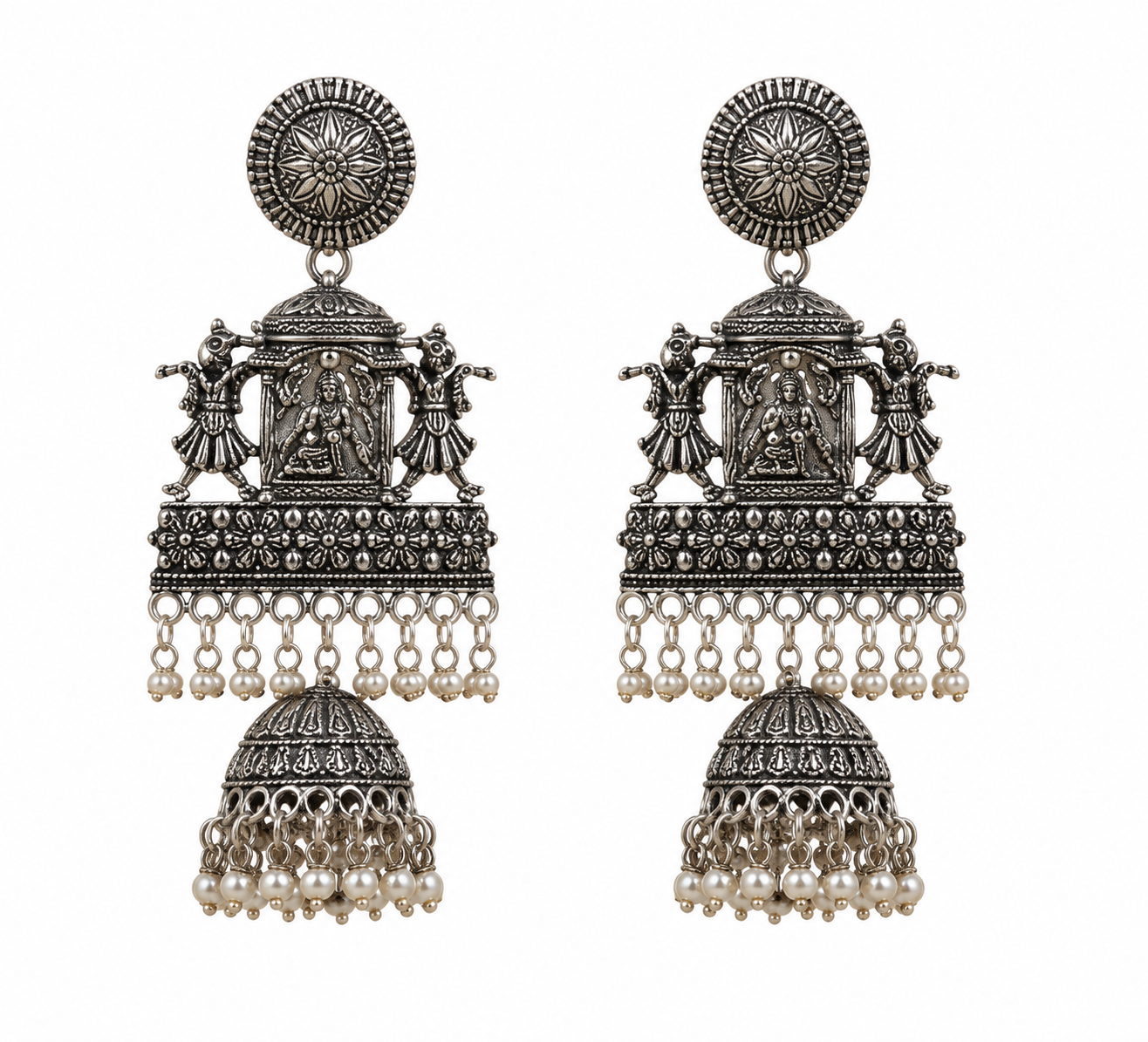 Oxidised Silver Temple Jhumka Earrings for Women
