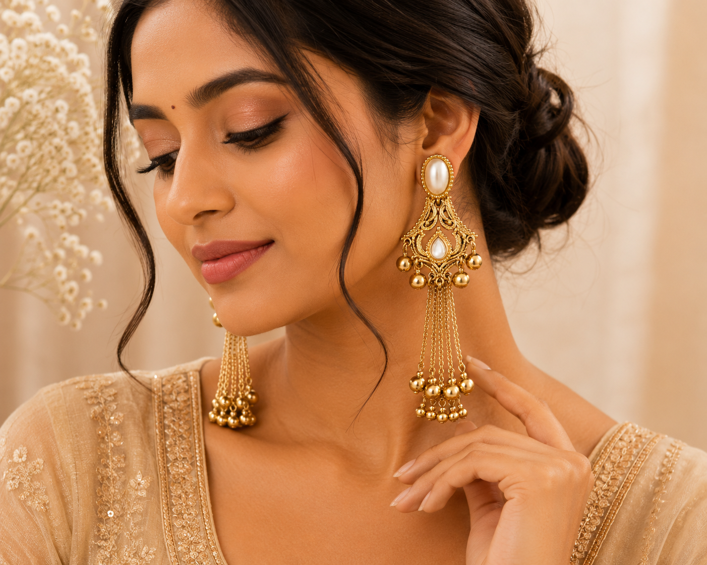 Women's Traditional Gold Plated Pearl Long Dangle Earrings | Ethnic Jhumka Style Earrings for Festive & Party Wear
