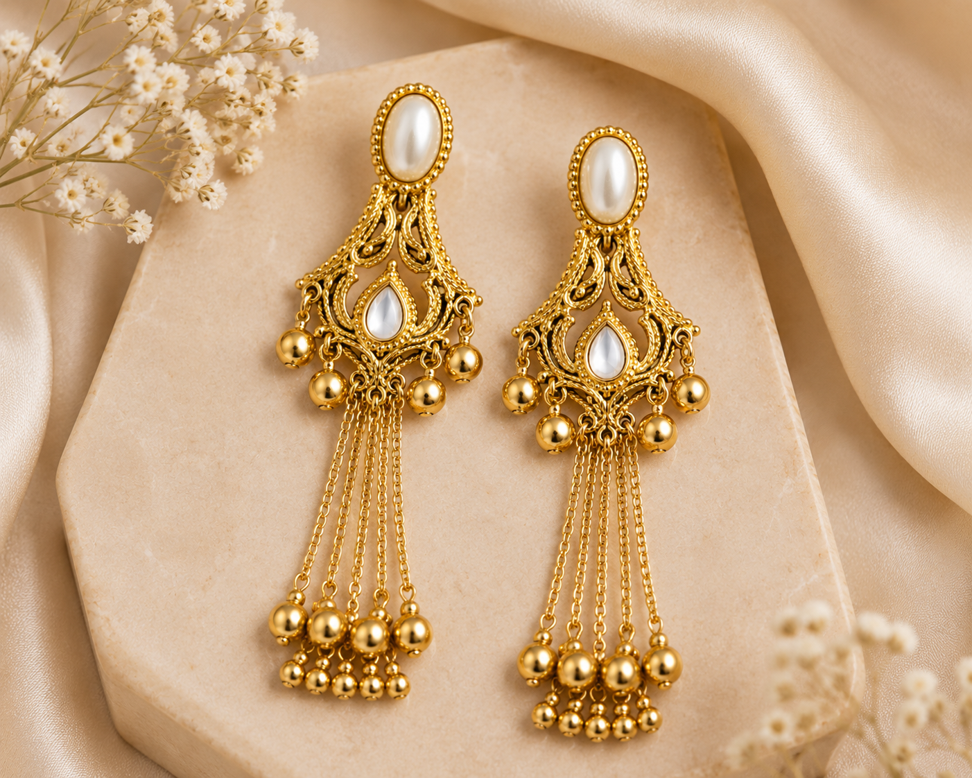 Women's Traditional Gold Plated Pearl Long Dangle Earrings | Ethnic Jhumka Style Earrings for Festive & Party Wear