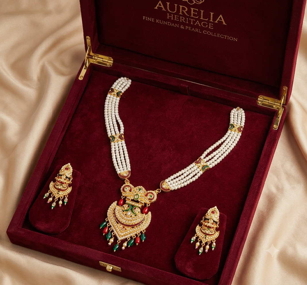 Women's Traditional Temple Design Long Pearl Necklace Set with Matching Jhumka Earrings | Gold Plated Bridal Ethnic Jewelry
