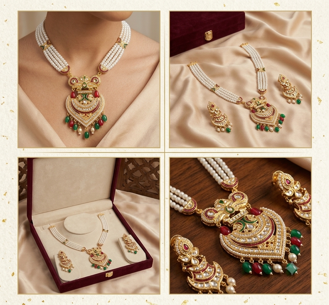 Women's Traditional Temple Design Long Pearl Necklace Set with Matching Jhumka Earrings | Gold Plated Bridal Ethnic Jewelry