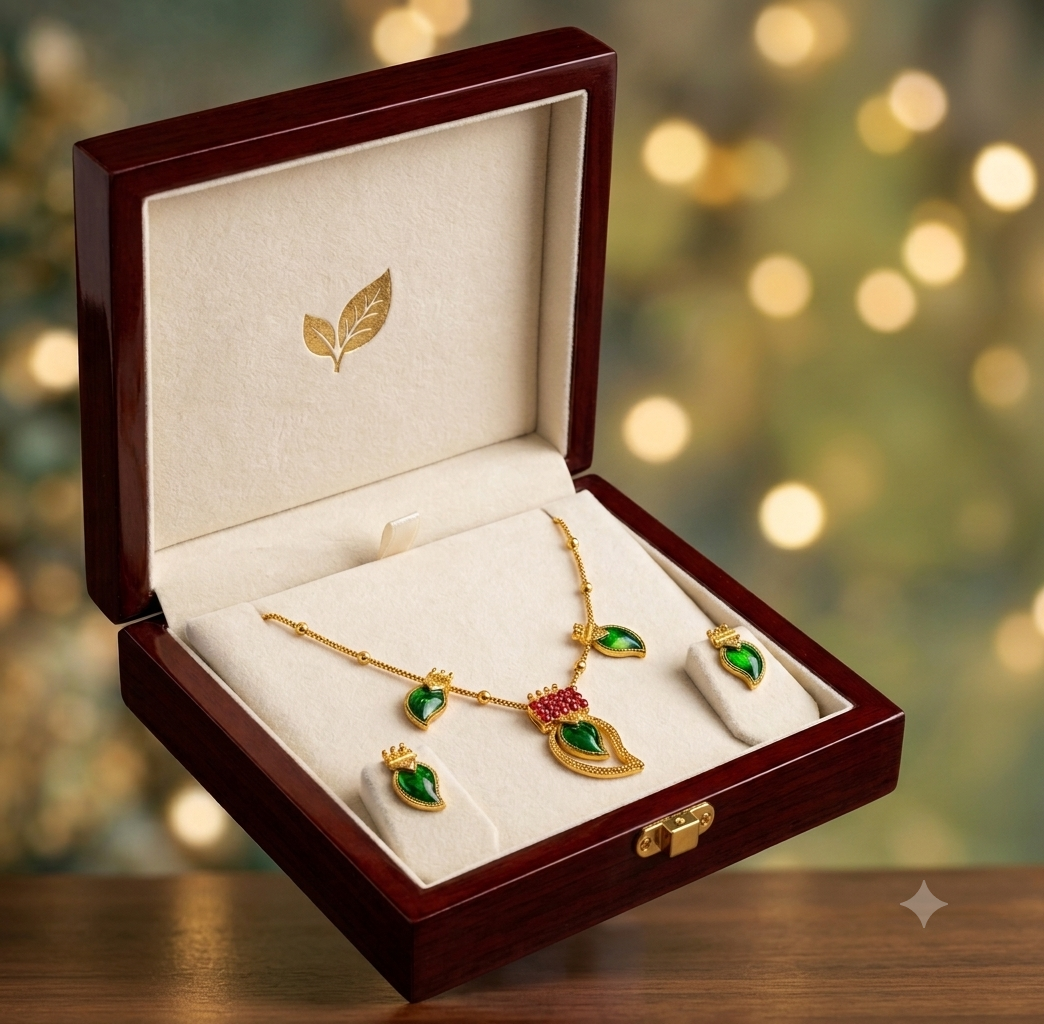 Women's Elegant Green Leaf Pendant Necklace Set with Matching Stud Earrings | Gold Plated Minimalist Fashion Jewelry
