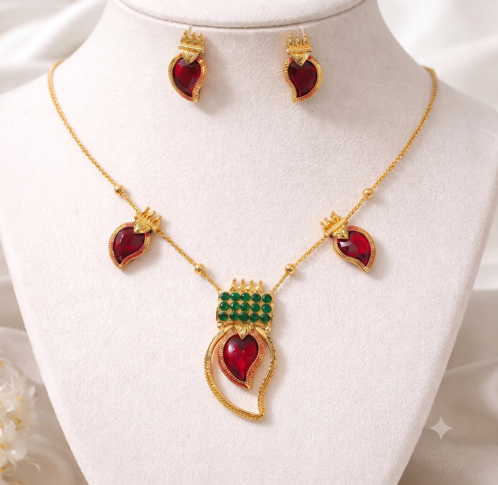 Women's Elegant Red Heart Pendant Necklace Set with Matching Stud Earrings | Gold Plated Minimalist Fashion Jewelry